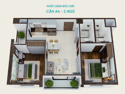 Ảnh phối cảnh bóc mái căn a4 2 ngủ chung cư Viha Flora