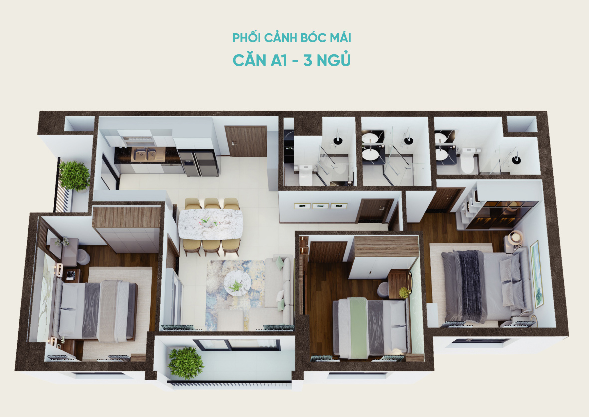 Ảnh phối cảnh bóc mái căn A1 3 ngủ chung cư Viha Flora