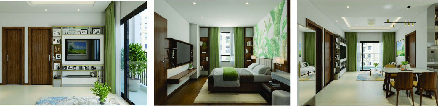Bố trí phòng ăn, phòng khách, phòng ngủ tại căn hộ Viha Flora