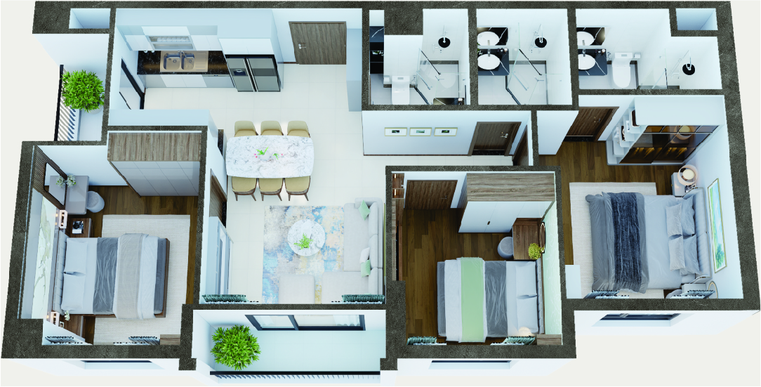 Phối cảnh tổng thể bóc mái căn hộ A1 - 3 phòng ngủ