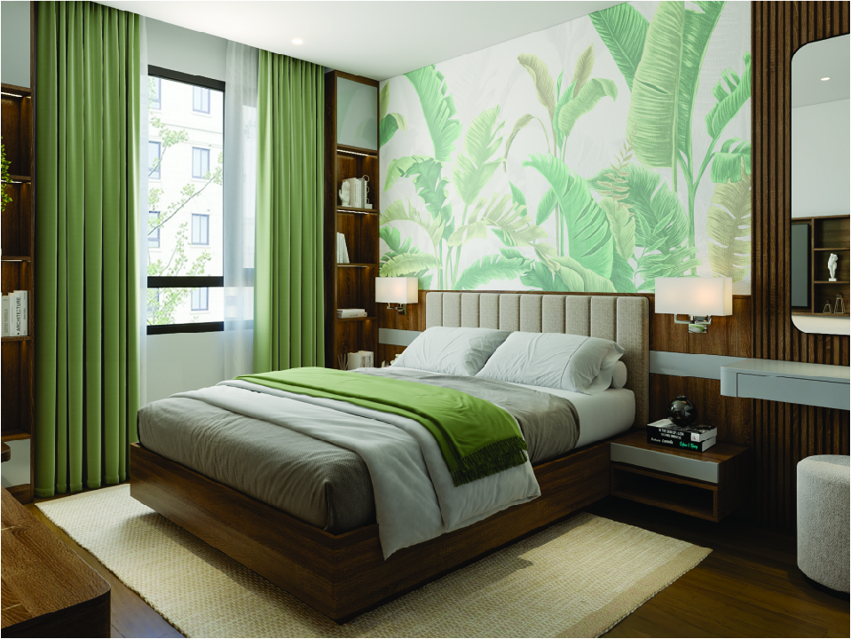 Sự phối hợp hoàn hảo giữa gam trung tính và sắc xanh trong nội thất căn hộ Viha Flora